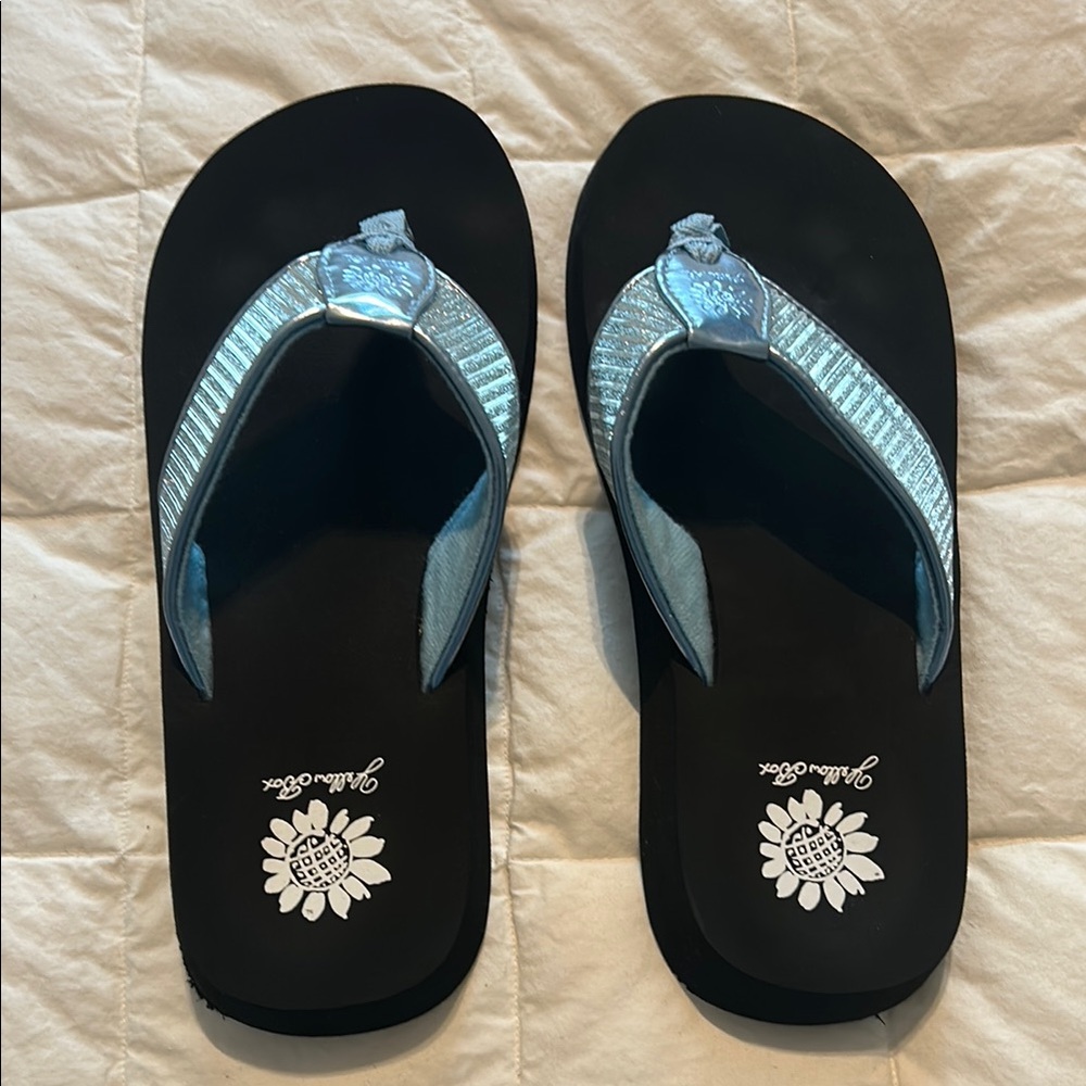 Black and Blue sparkly Yellow Box Flip Flops